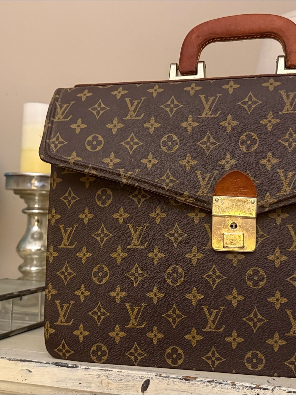 Louis Vuitton Brown Monogram Canvas Briefcase with Gold Hardware